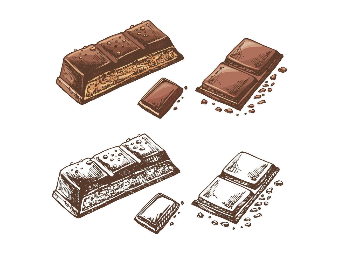 Hand-drawn chocolate bars with artistic, detailed colored and monochrome illustrations vector