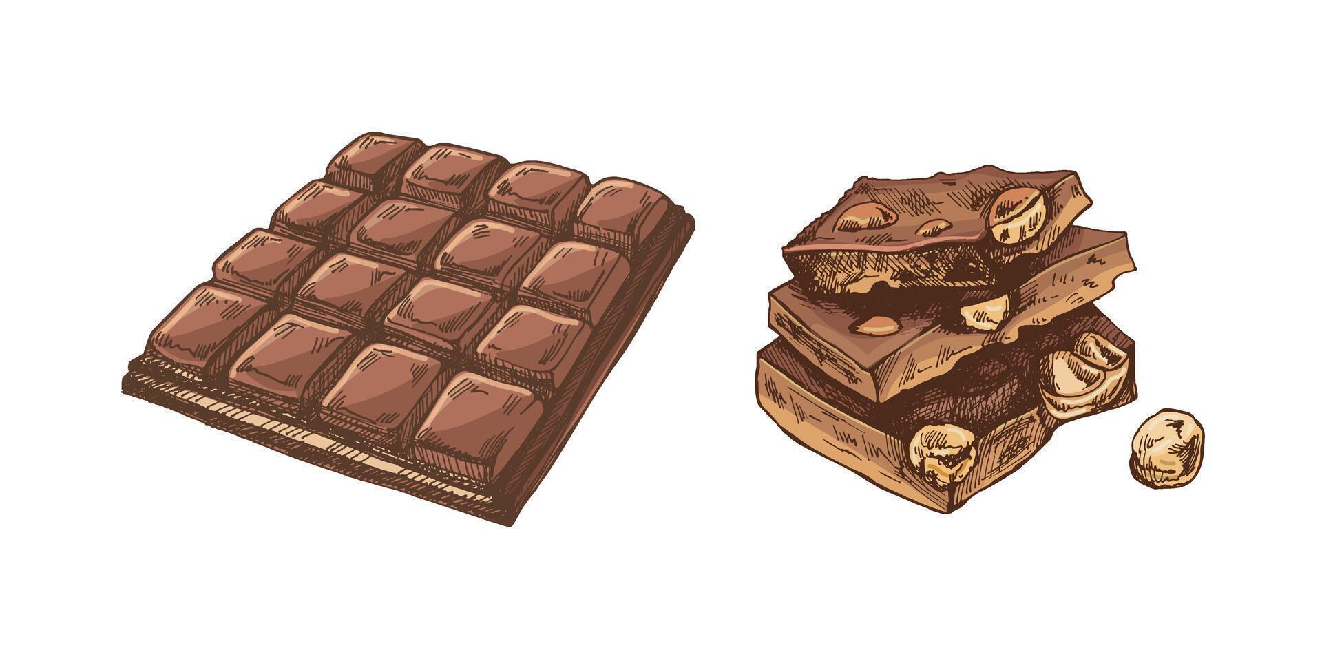 Hand-drawn chocolate bar and nut pieces vintage colored illustration vector