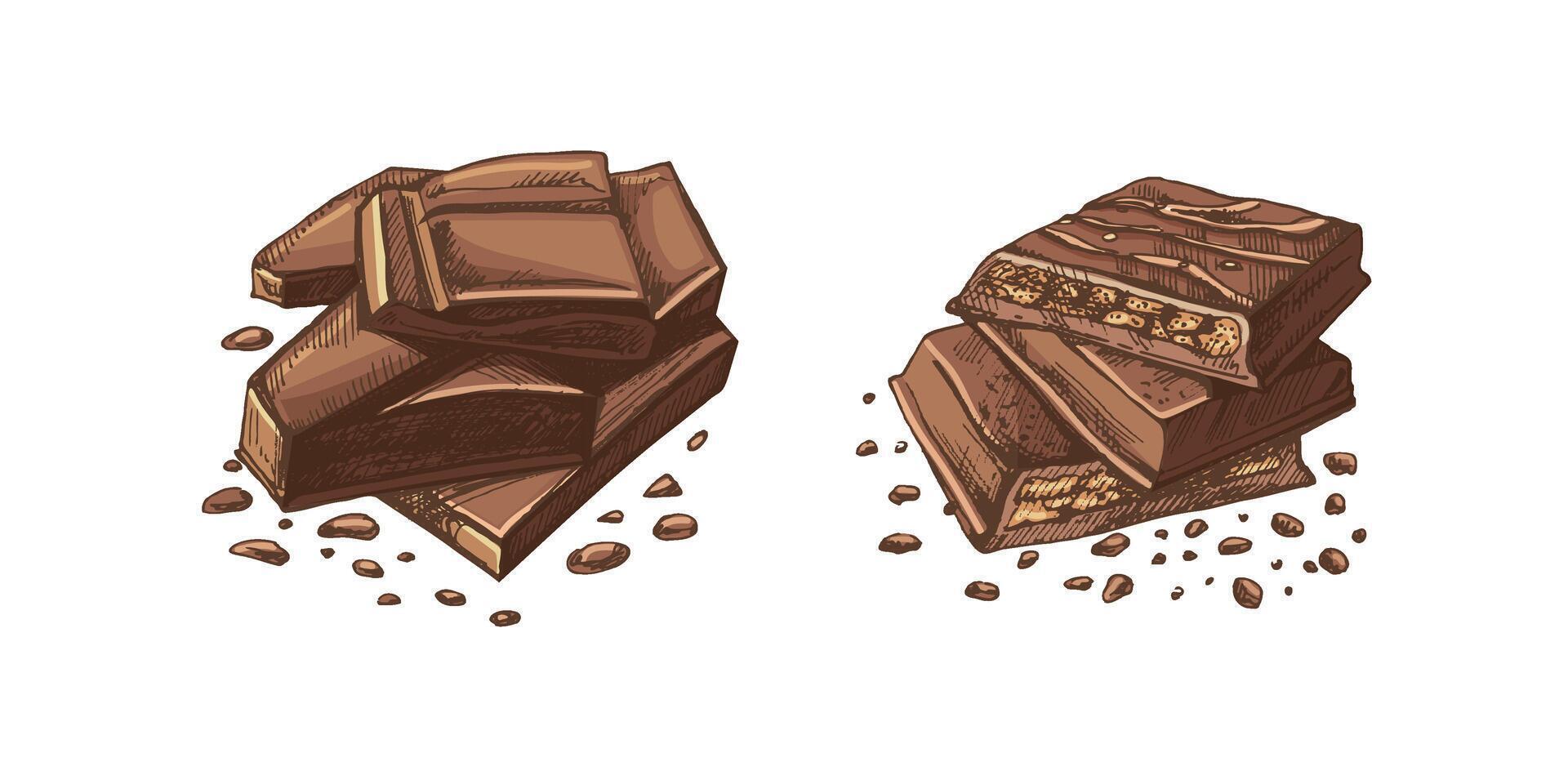 Vintage hand-drawn chocolate bar and stacked pieces colored illustration vector