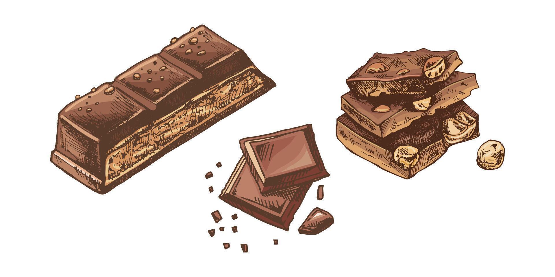 Hand-drawn chocolate bar and pieces vintage style colored illustration vector