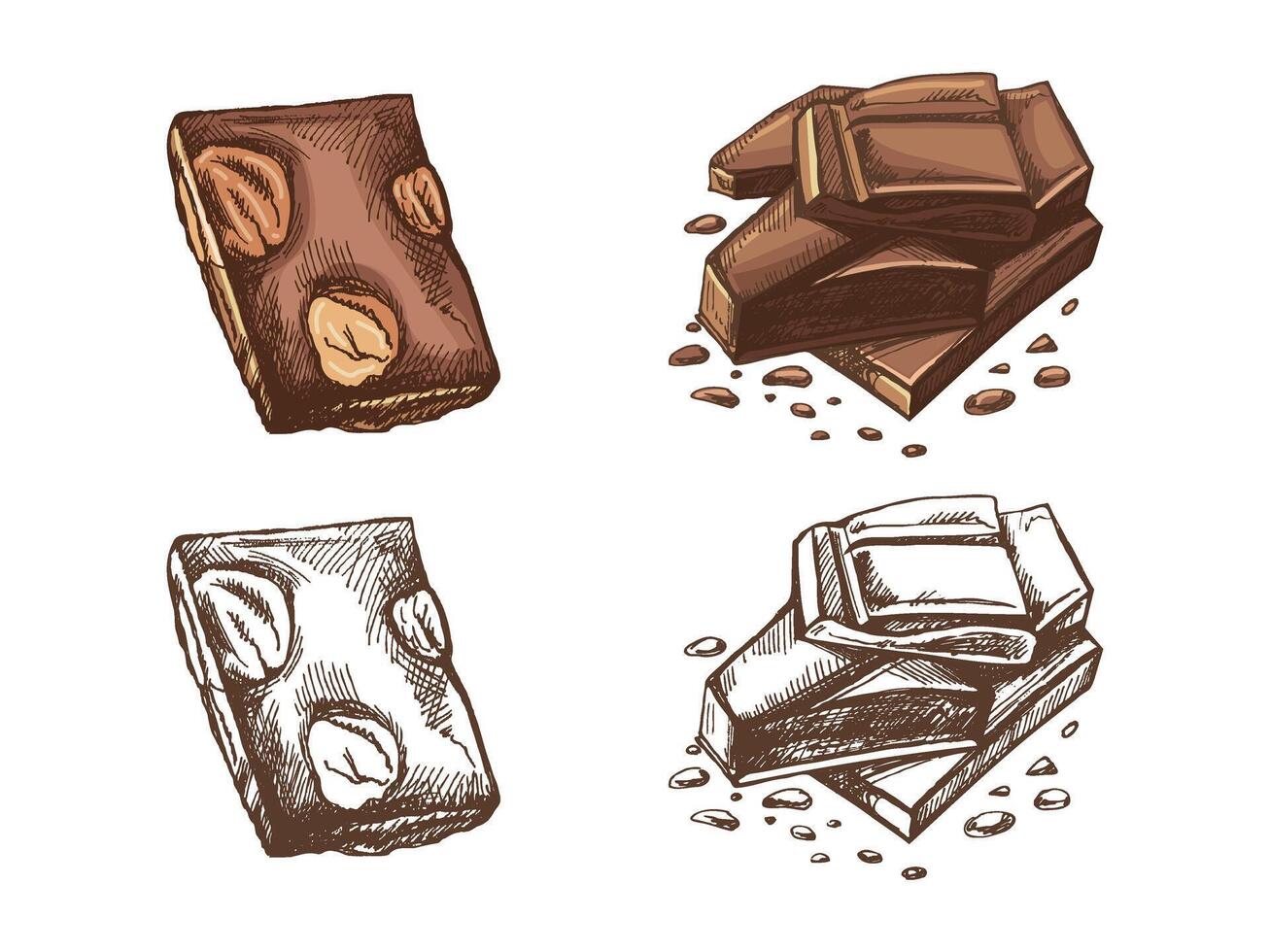 Hand-drawn chocolate and candy colored and monochrome illustrations in vintage artistic style vector