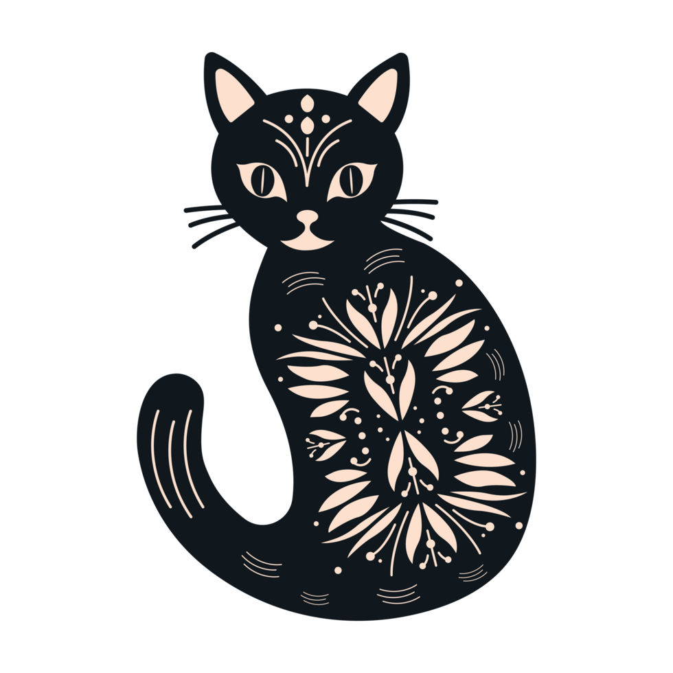 black cat tattoo design flat illustration isolated on transparent background png