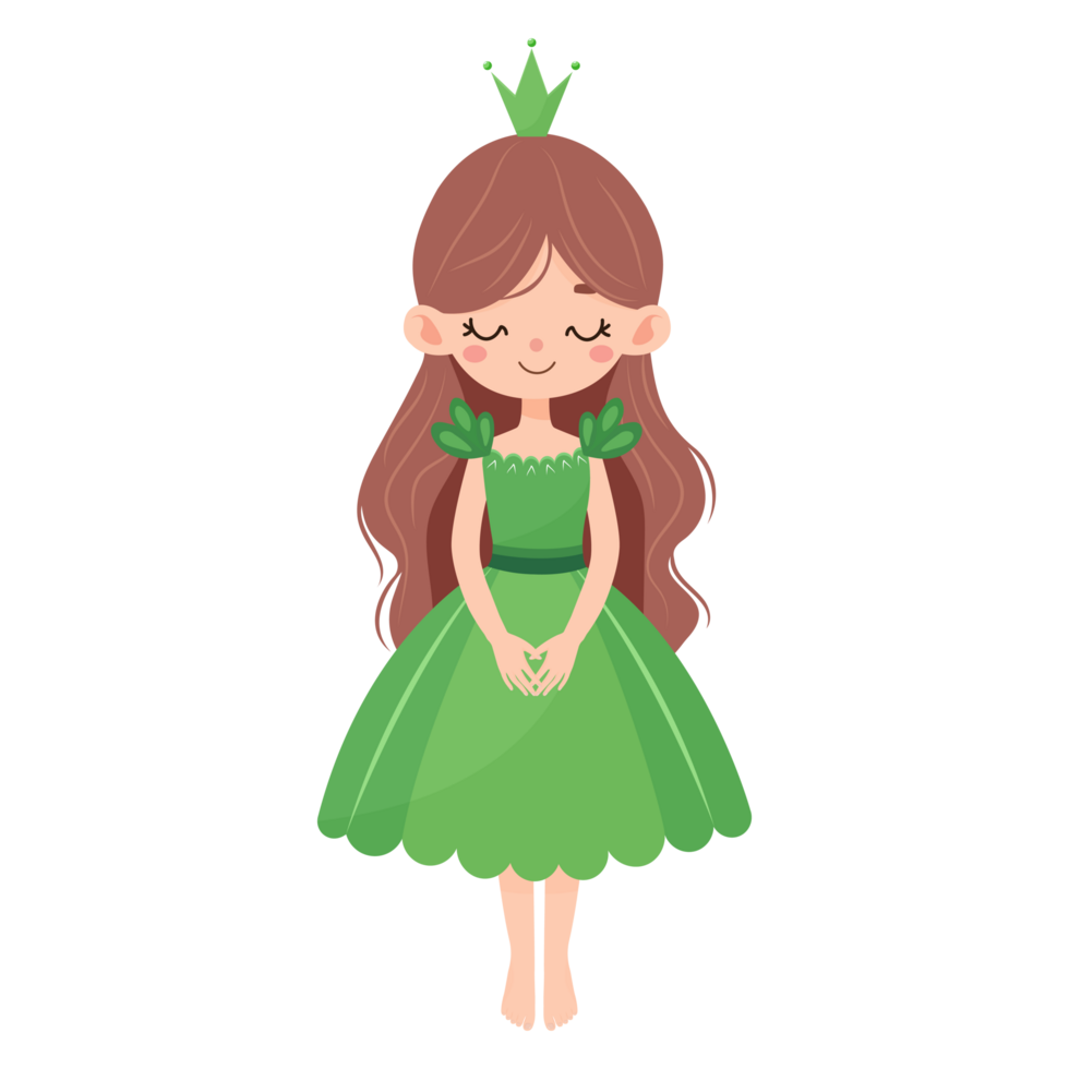 cute cartoon princess in green isolated on transparent background png