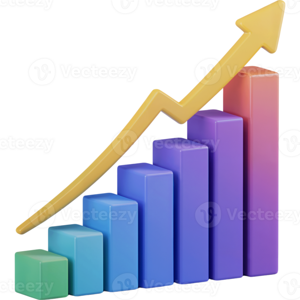 Colorful bar graph with a yellow arrow pointing upwards png