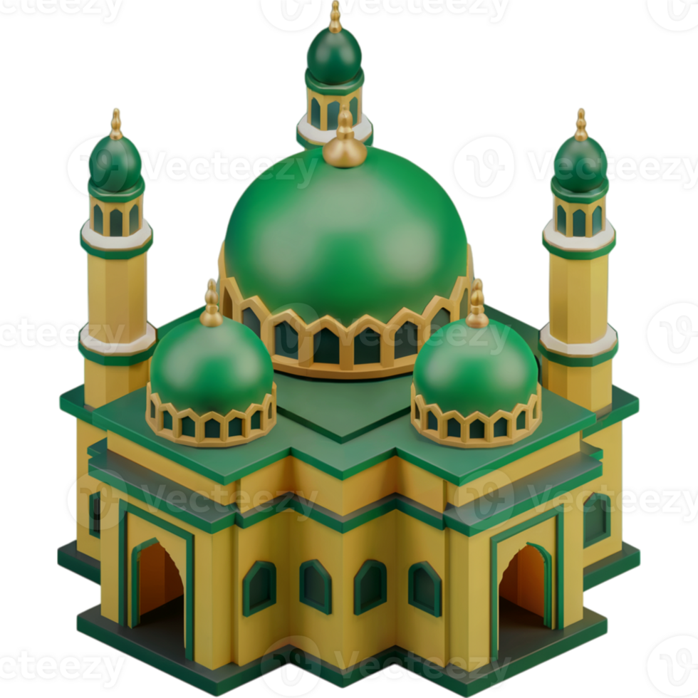 Green and yellow mosque with three domes png