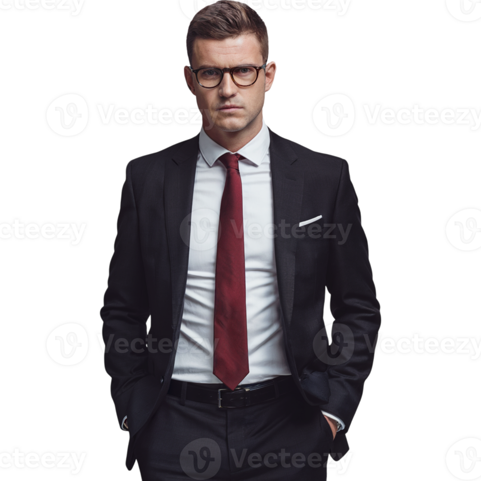 Man in a suit and tie stands with his hands on his hips png
