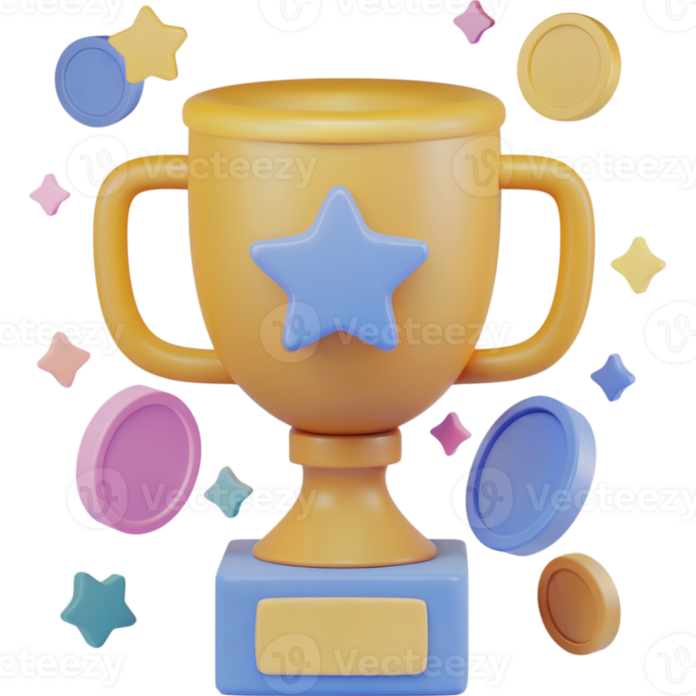 Trophy with a star on top and a bunch of coins around it png