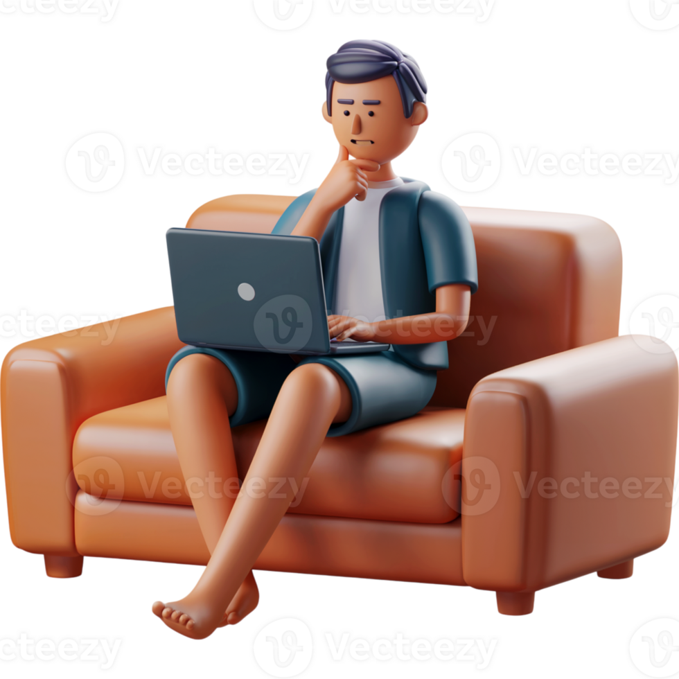 Man is sitting on a couch with a laptop png