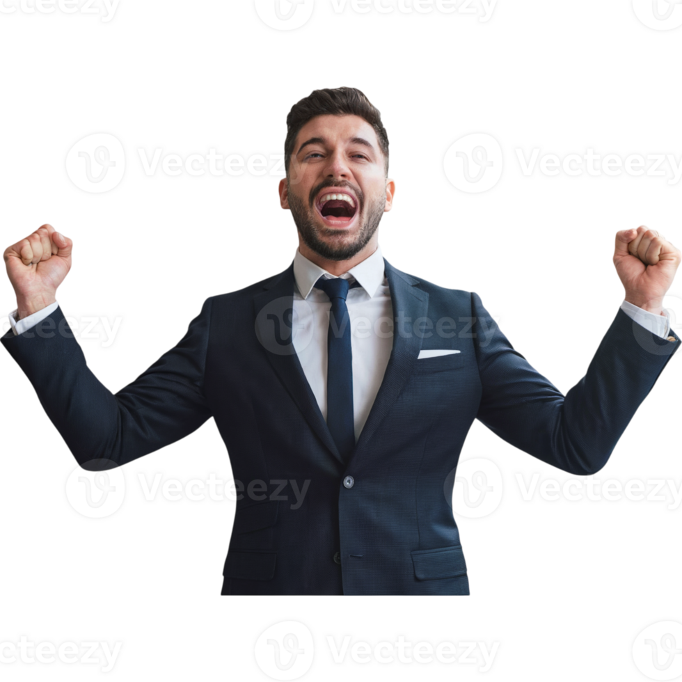 Man in a suit and tie is smiling and raising his arms in the air png