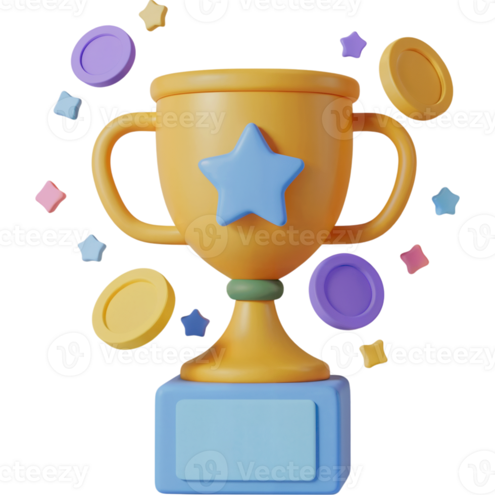Trophy with a star on top and a pile of coins around it png