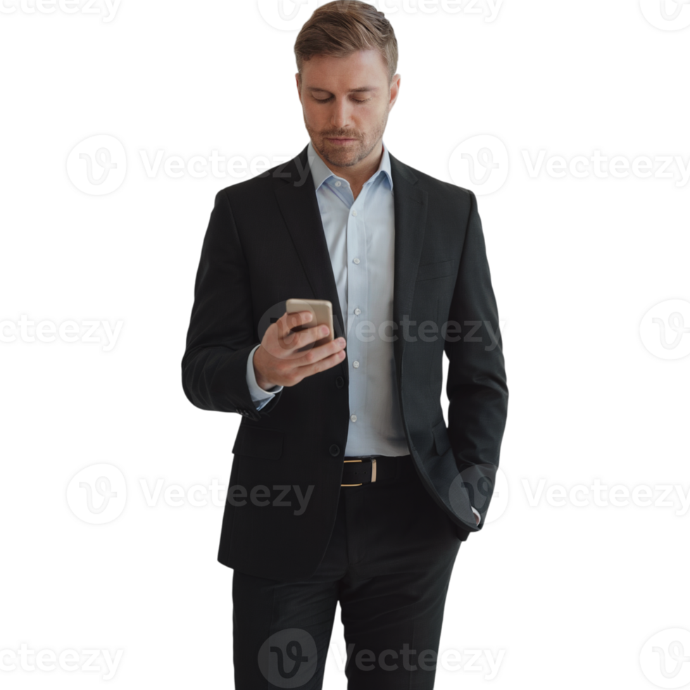 Man in a suit is looking at his phone png