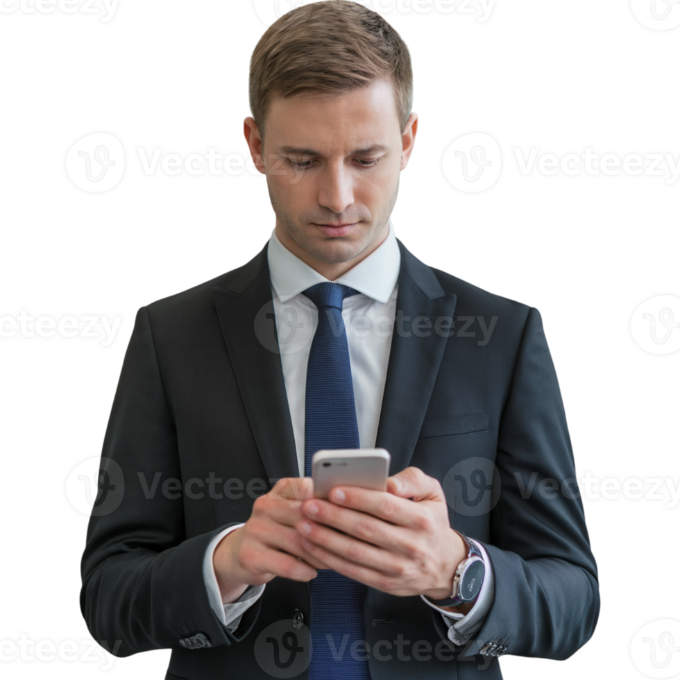 Man in a suit is looking at his cell phone png