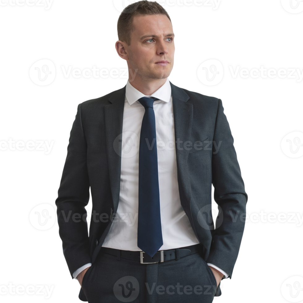 Man in a suit and tie stands with his hands in his pockets png