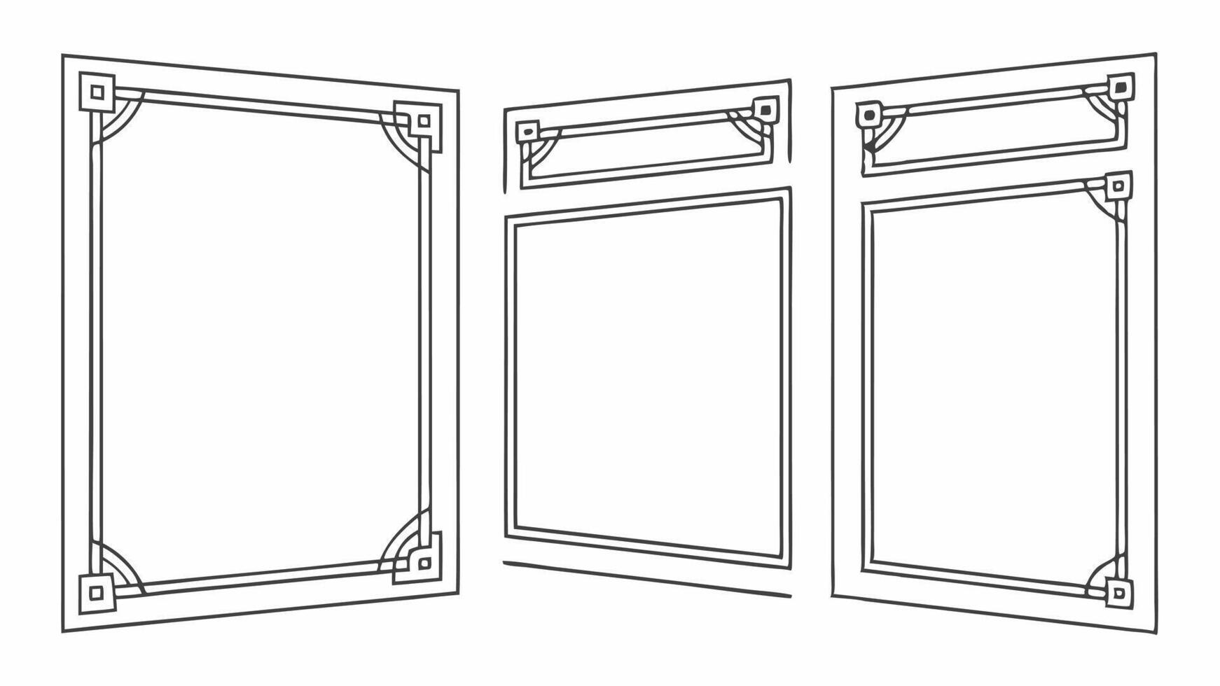 A drawing of three windows with decorative trim vector