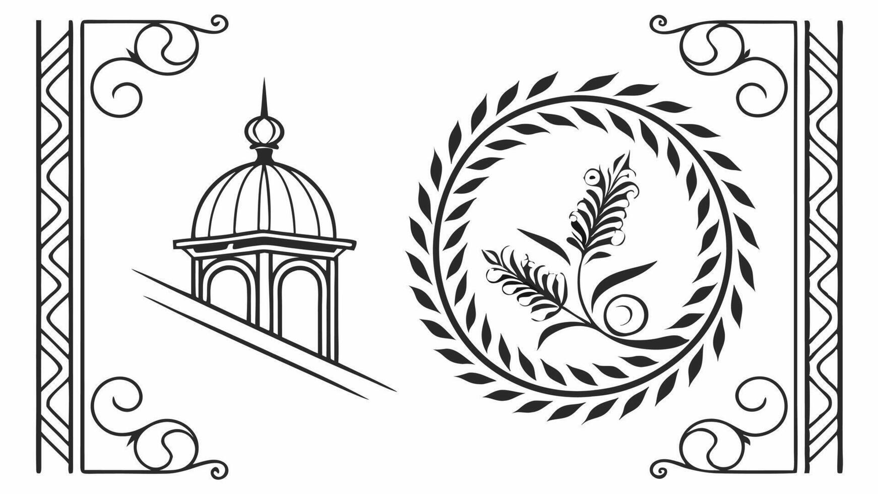 A black and white illustration of a church and a clock vector