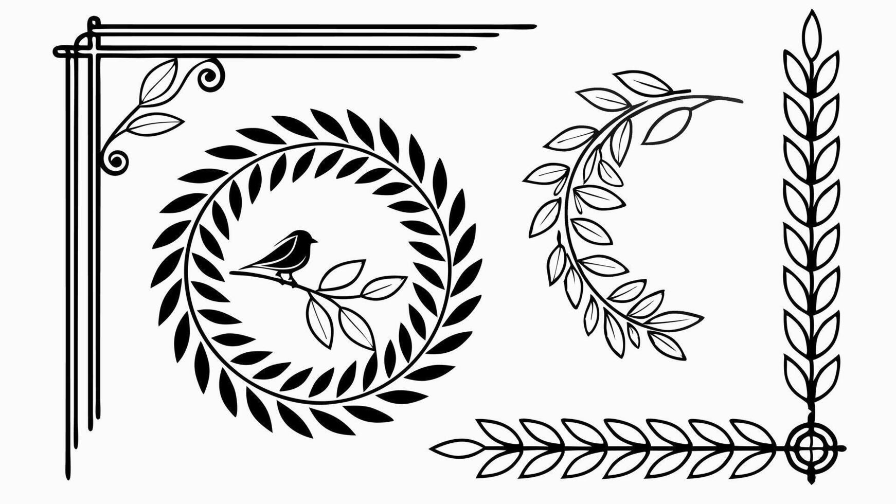 A set of black and white illustrations of leaves and birds vector