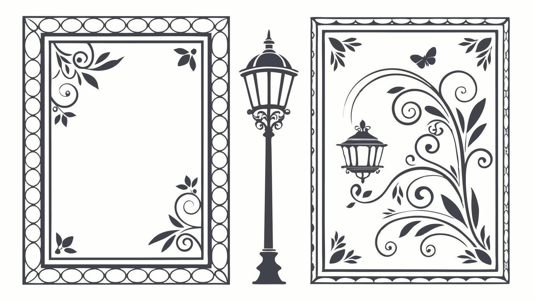two decorative frames with a lamp and flowers vector