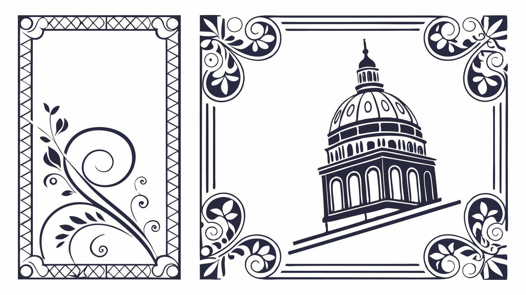 Illustration of a building with a decorative frame and a decorative border vector