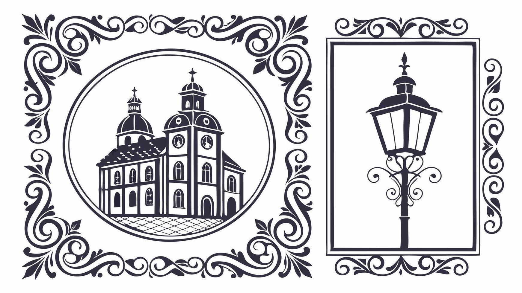 Vintage frame with church and lamp illustration vector