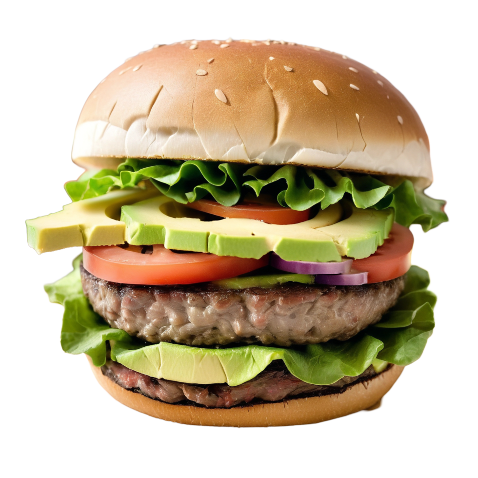 Delicious Gourmet Burger with Fresh Avocado and Vegetables on Transparent Background png