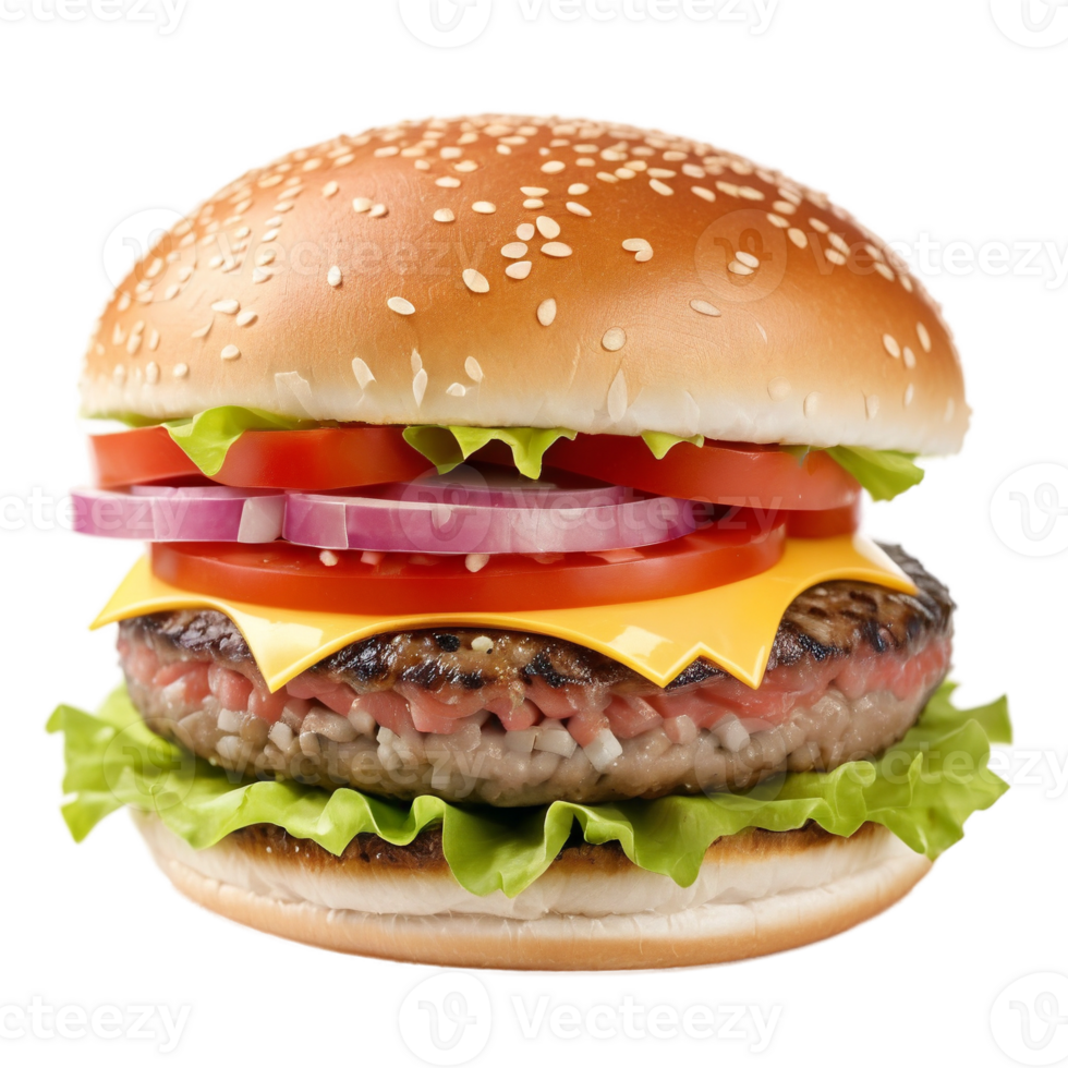 Delicious Cheeseburger with Fresh Vegetables and Sesame Seed Bun on Transparent Background png