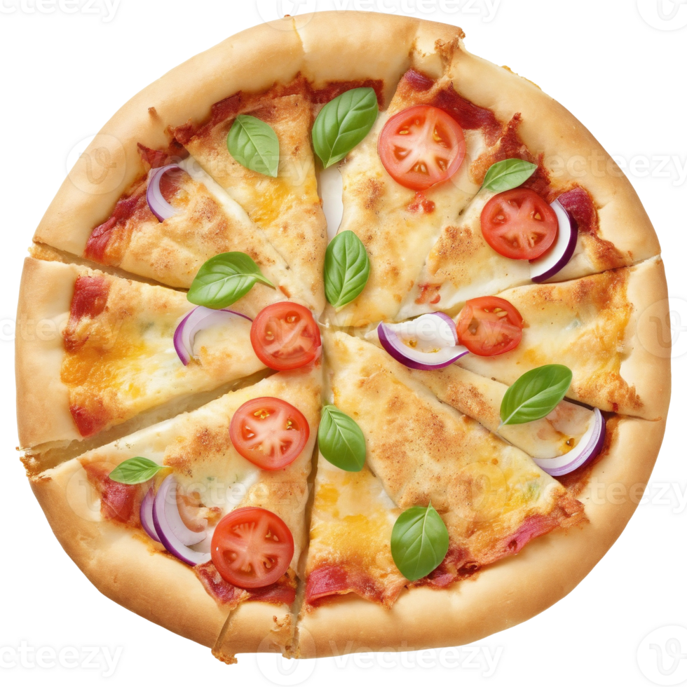 Freshly Baked Margherita Pizza with Basil and Tomato Toppings on Transparent Background png