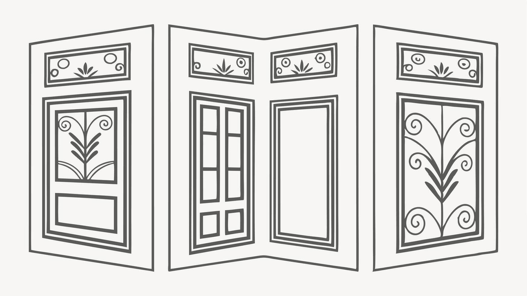 A drawing of three doors with decorative designs vector