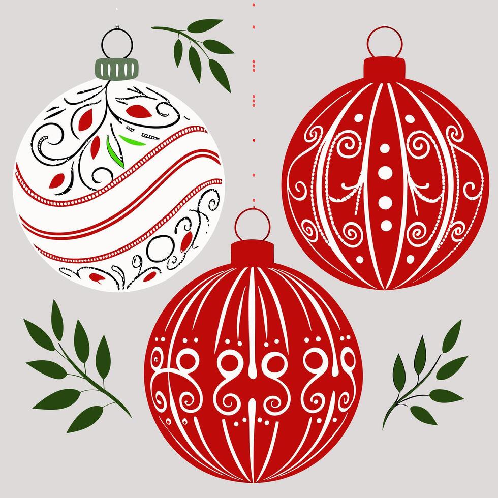 Three christmas ornaments with red and white designs vector