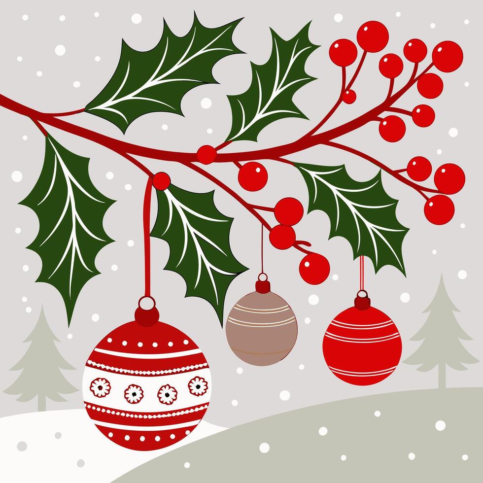 Christmas background with holly and balls vector