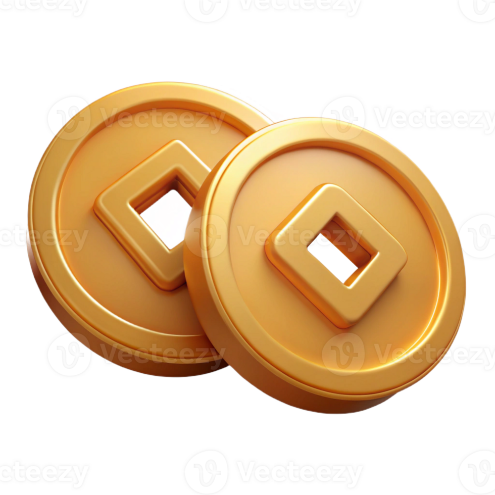 3d render Chinese gold coin. Oriental 3D money. Symbol of prosperity, fortune, wealth for Lunar Chinese New Year png