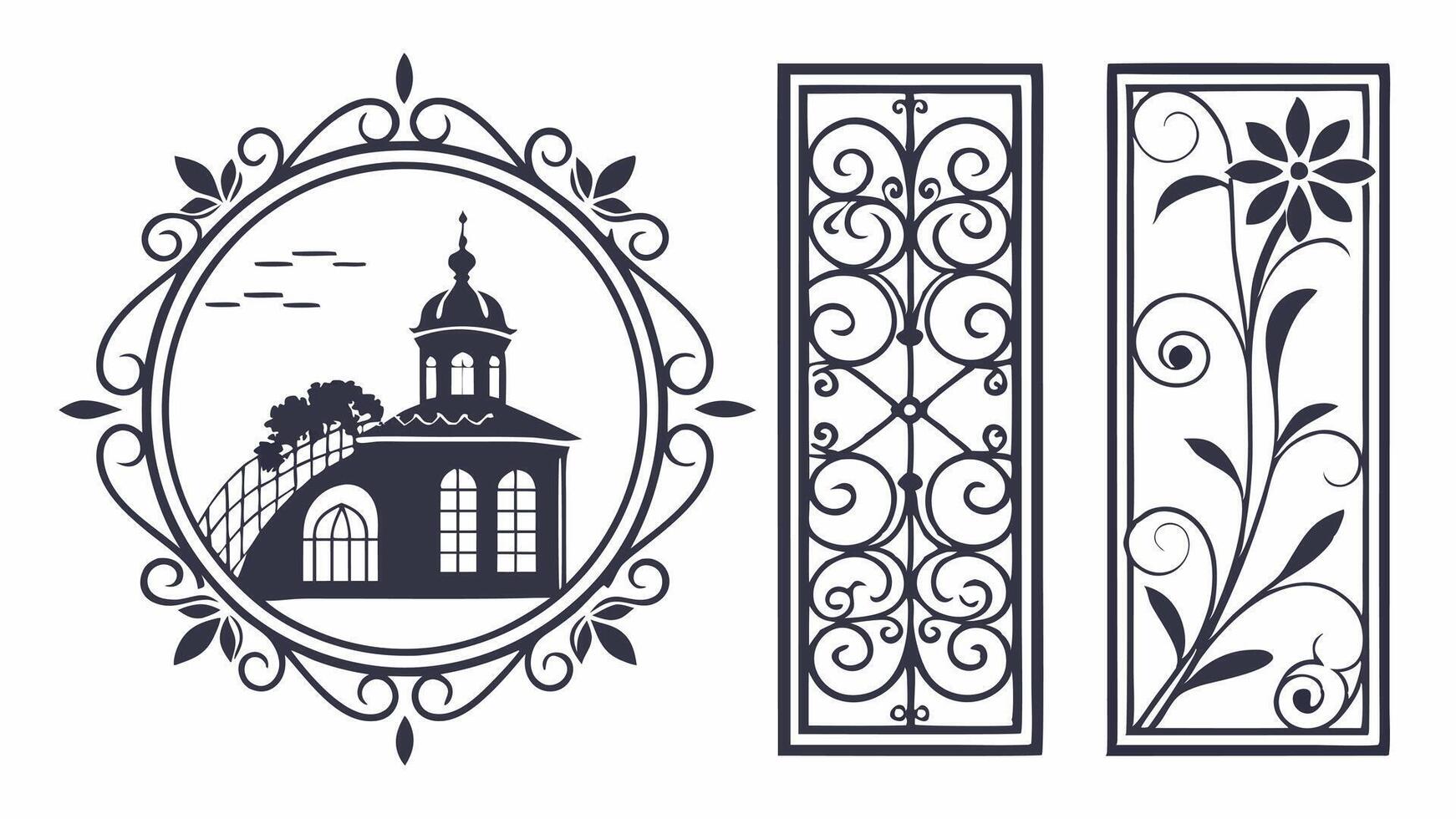 A set of decorative elements, including a church and a tower vector