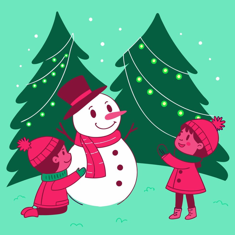 Two children are playing with a snowman in the snow vector