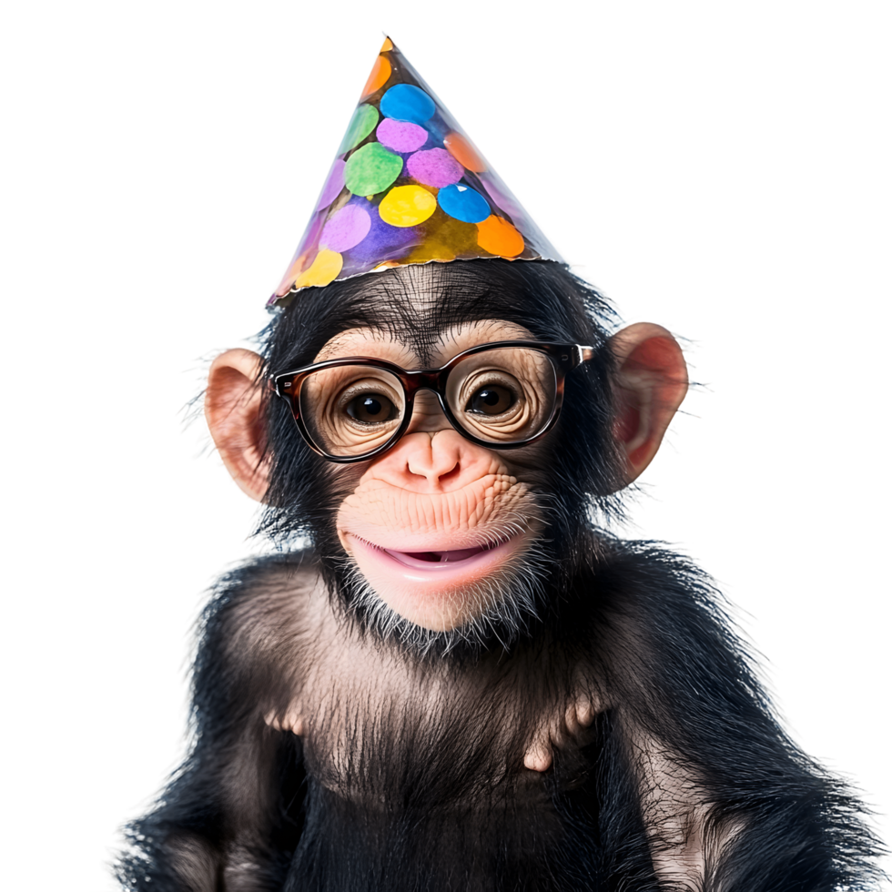 Monkey wearing a party hat and glasses is smiling png
