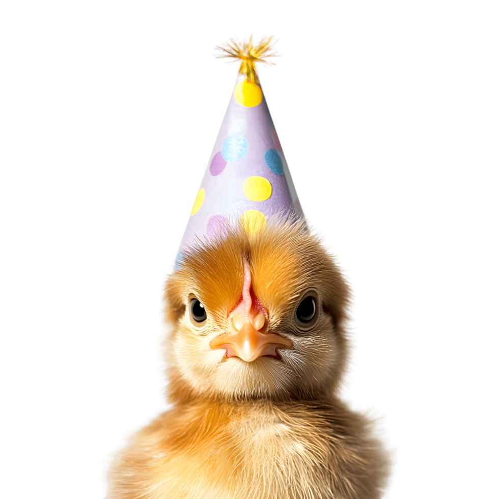 Baby chicken is wearing a party hat and looking at the camera png