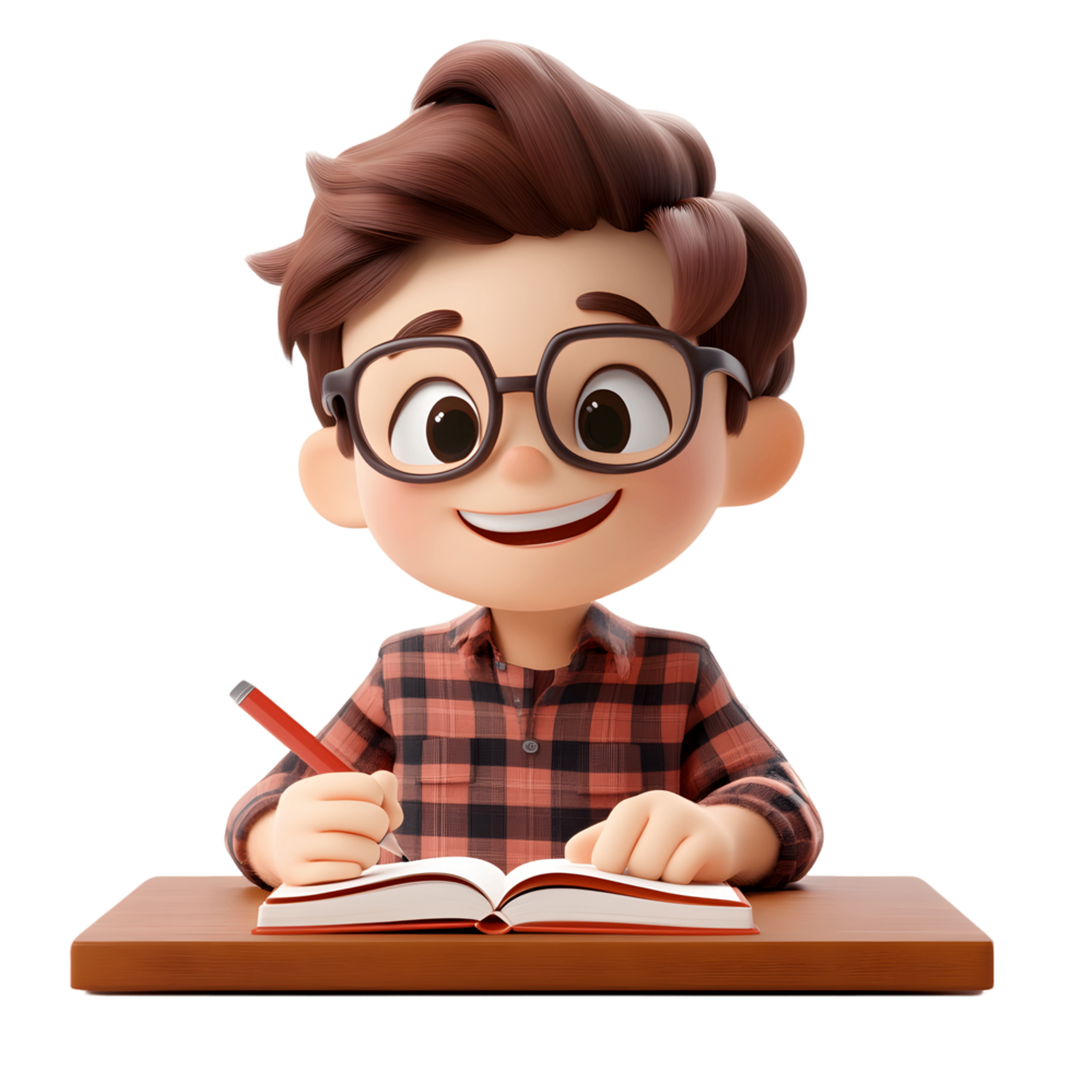 Cartoon boy is sitting at a desk with a book and a pen png