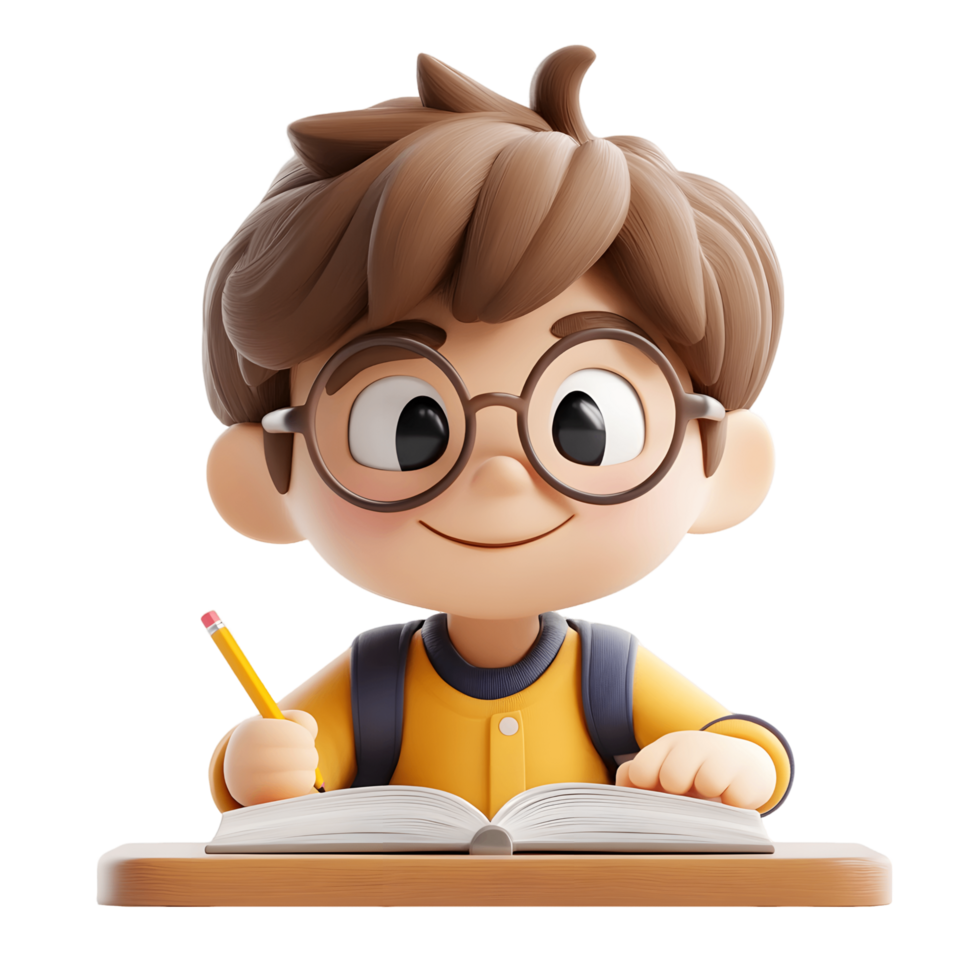 Cartoon boy is sitting at a desk with a book and a pencil png