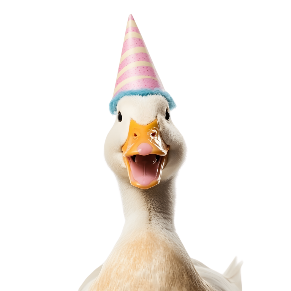 Duck wearing a party hat is smiling and making a funny face png