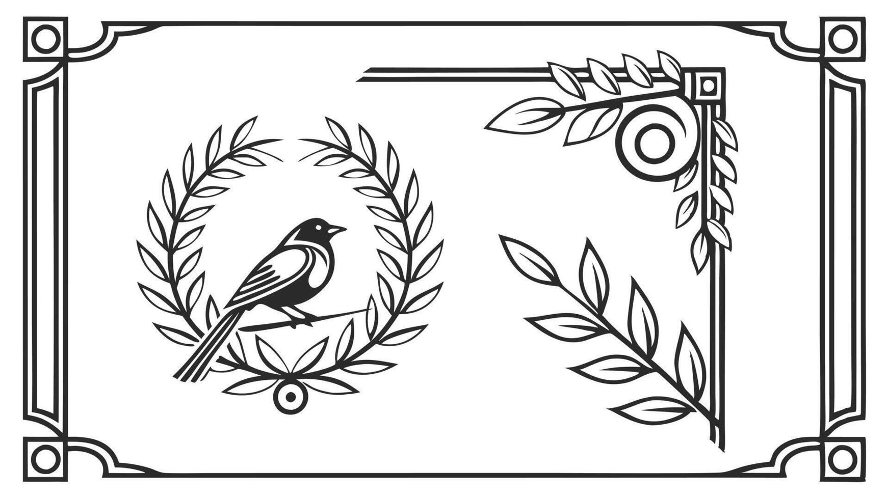 A black and white drawing of a bird and a wreath vector