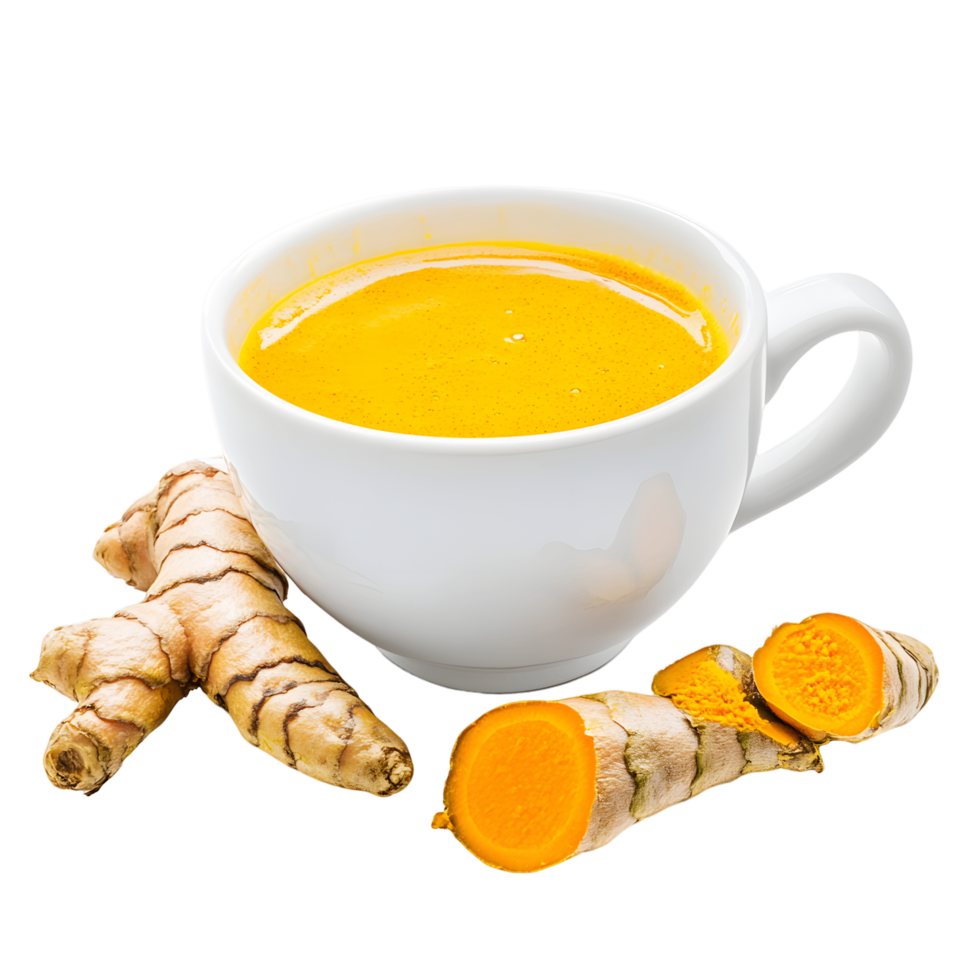 Cup of tea with a slice of ginger root in it png