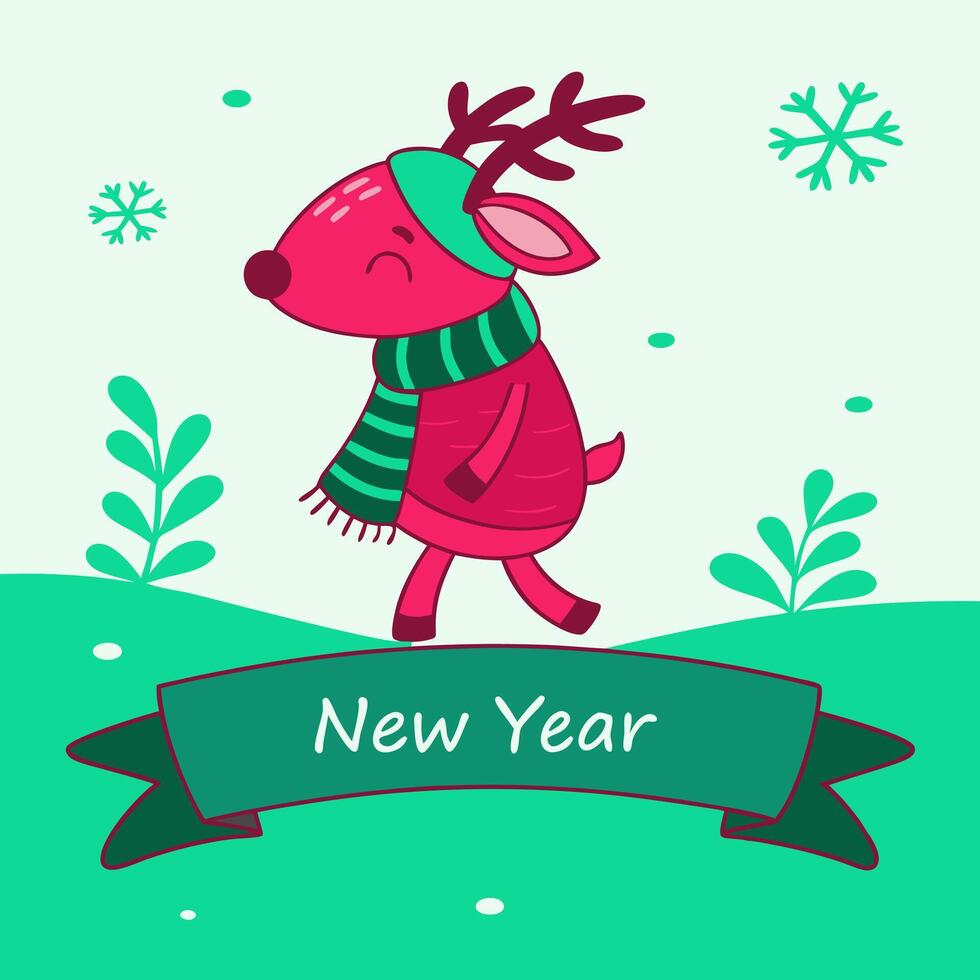 A cute deer wearing a scarf and hat with the words new year vector