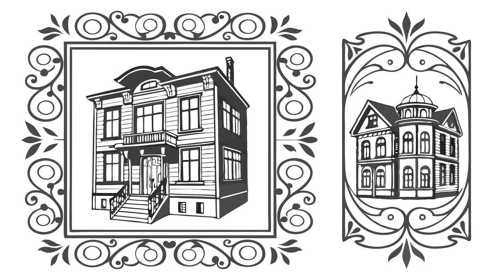 Vintage houses and buildings in black and white vector