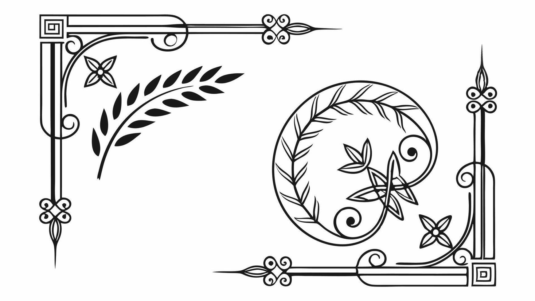 A set of decorative elements, including a leaf and a wreath vector