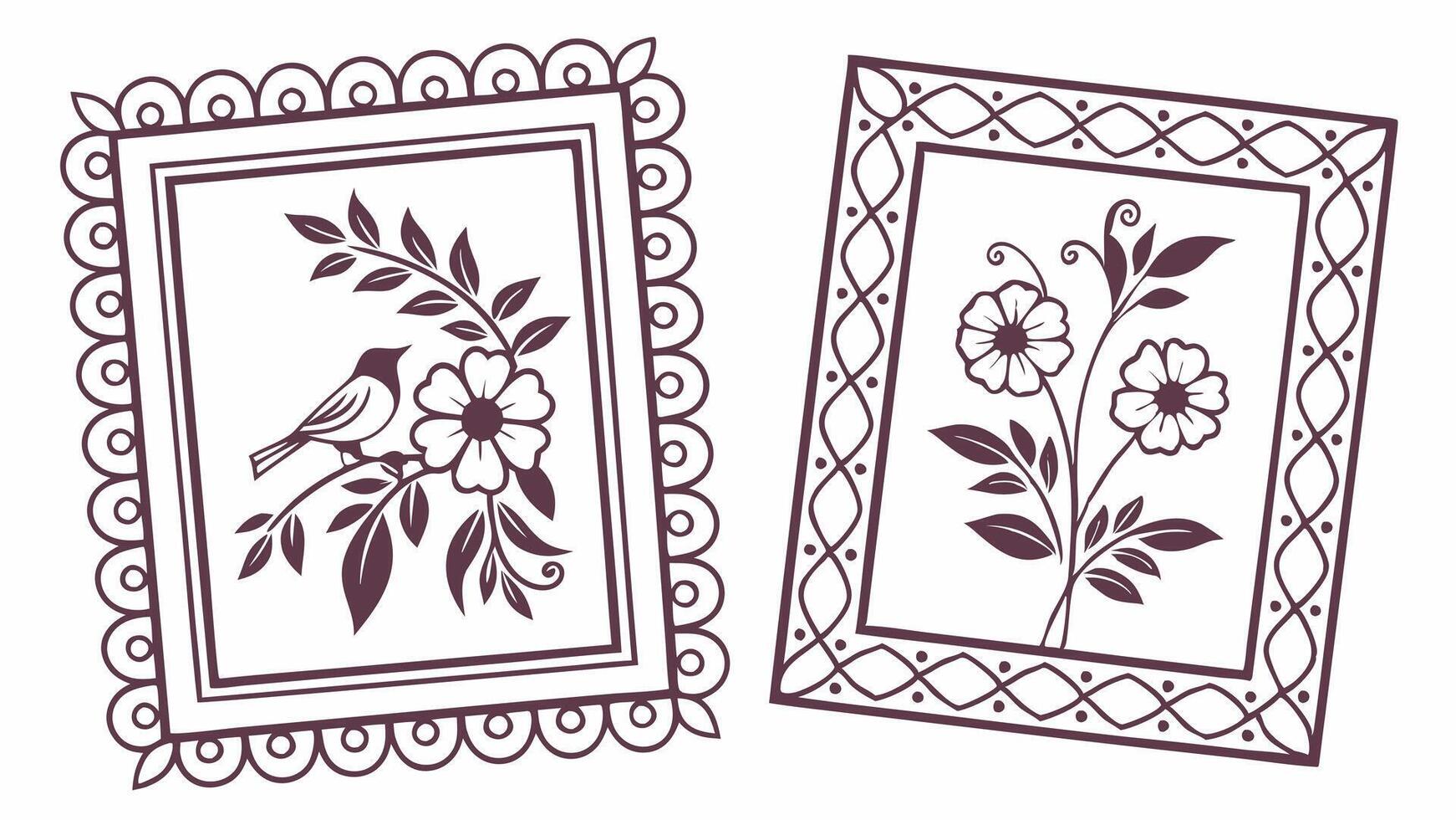 two frames with flowers and birds in them vector