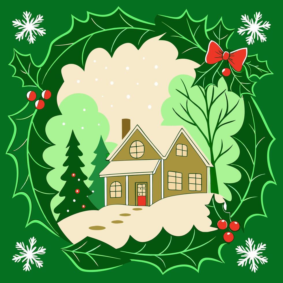 Christmas house with holly leaves and snow on green background vector