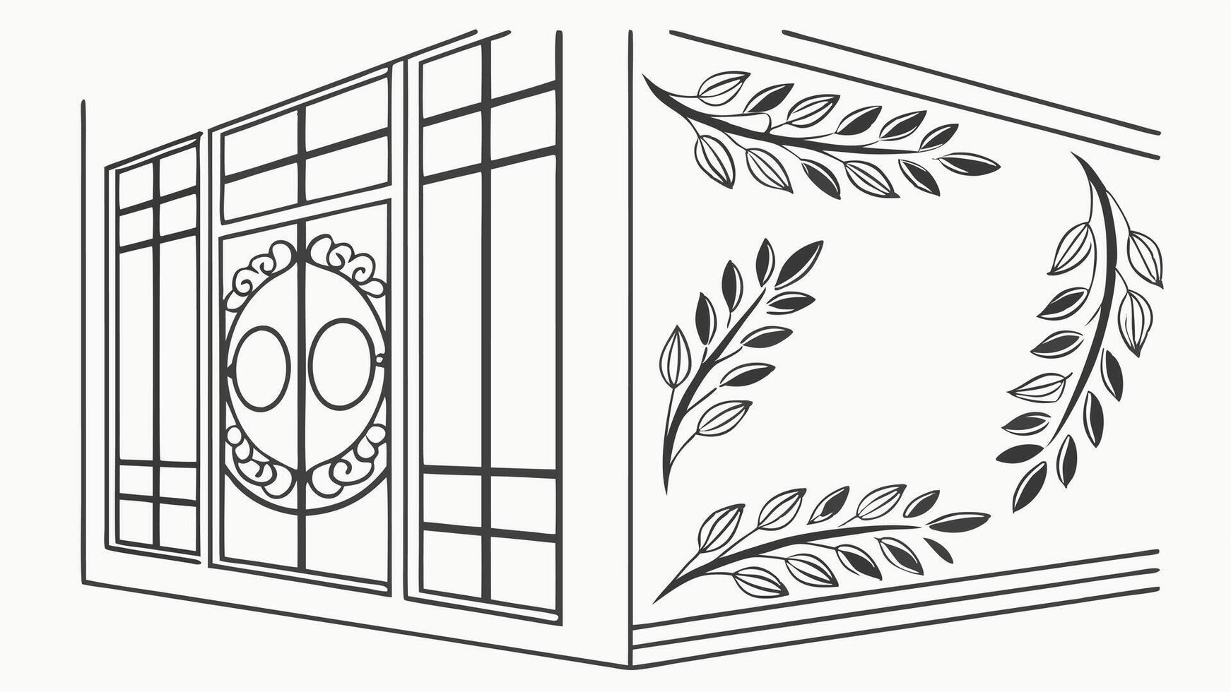 A drawing of a window with a leaf design vector