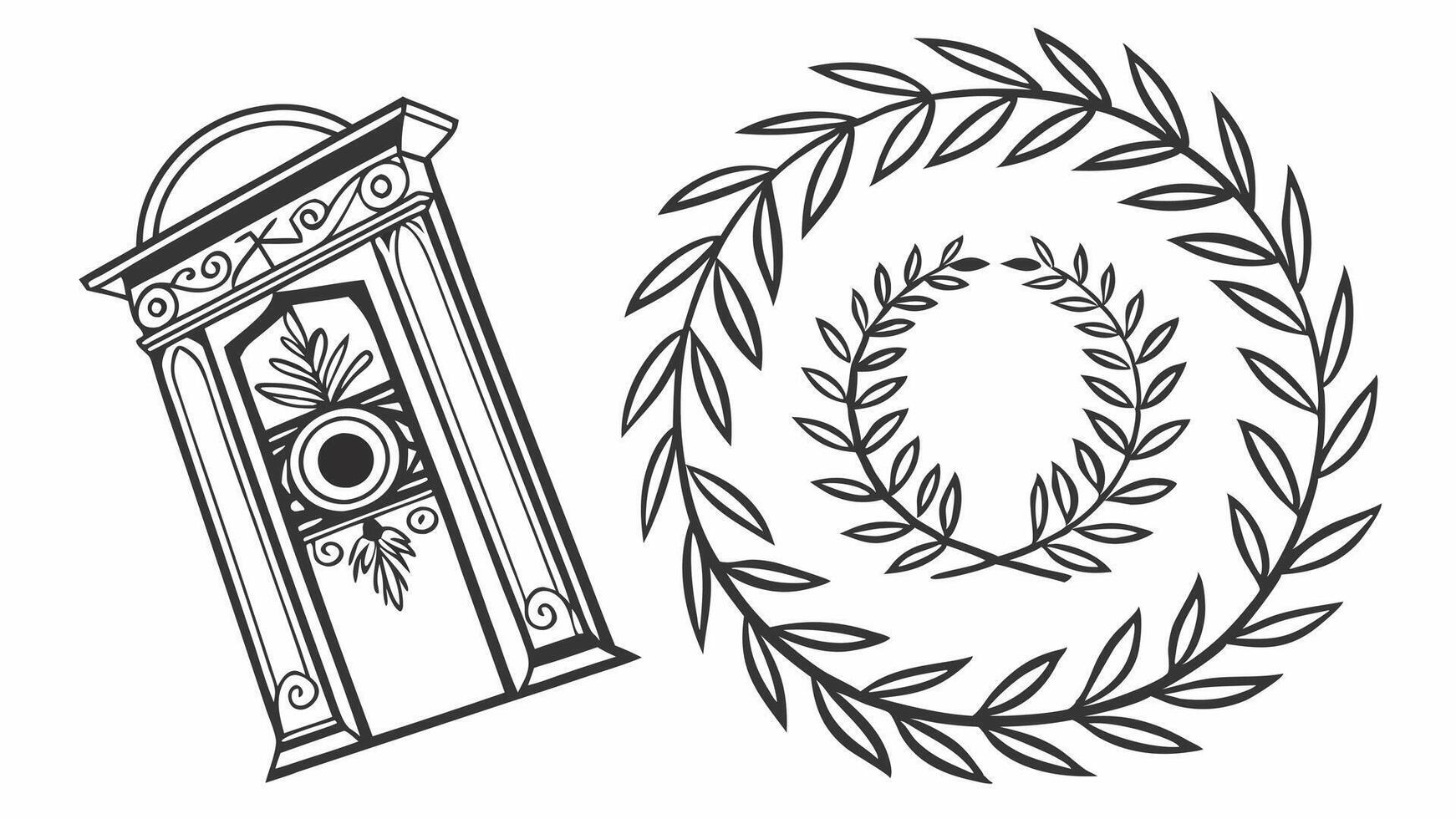 A drawing of a door and a laurel wreath vector