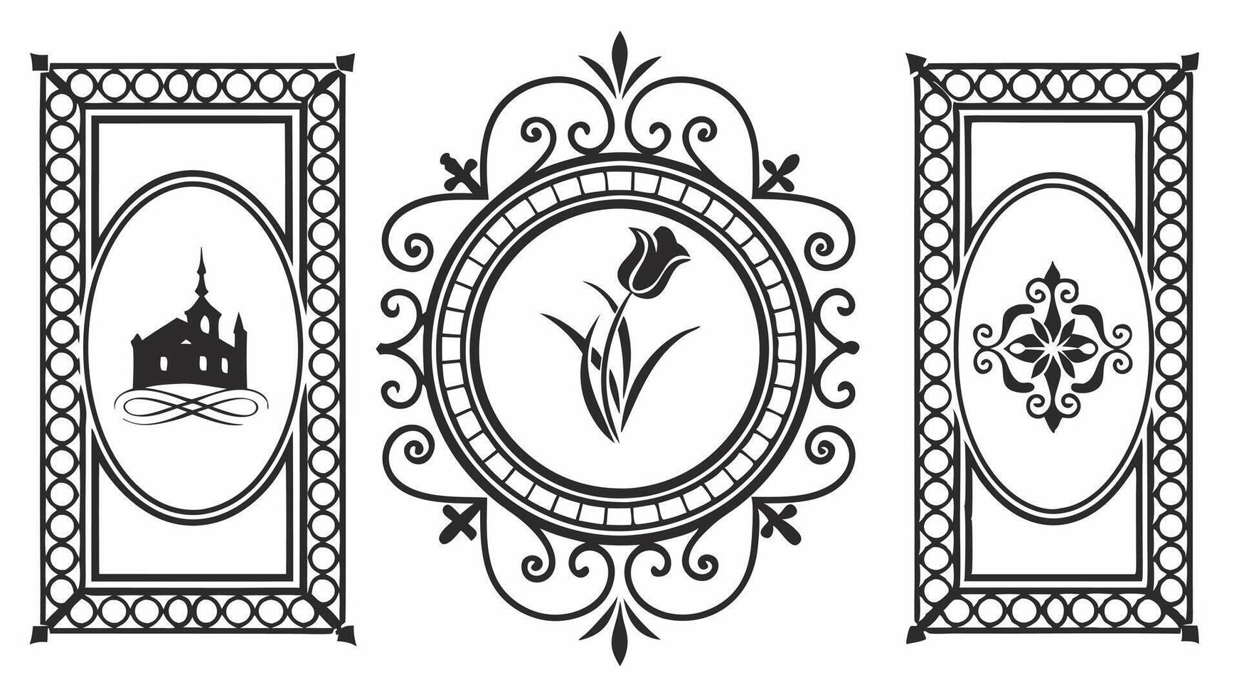 A set of decorative elements, including a church, a flower, and a window vector