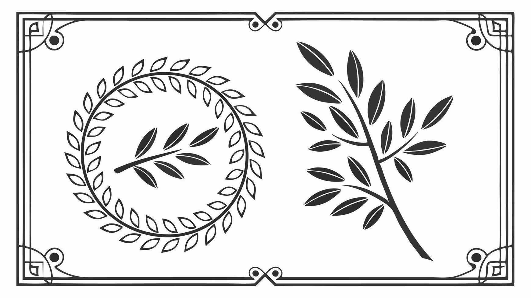 Two black and white images of leaves and a frame vector