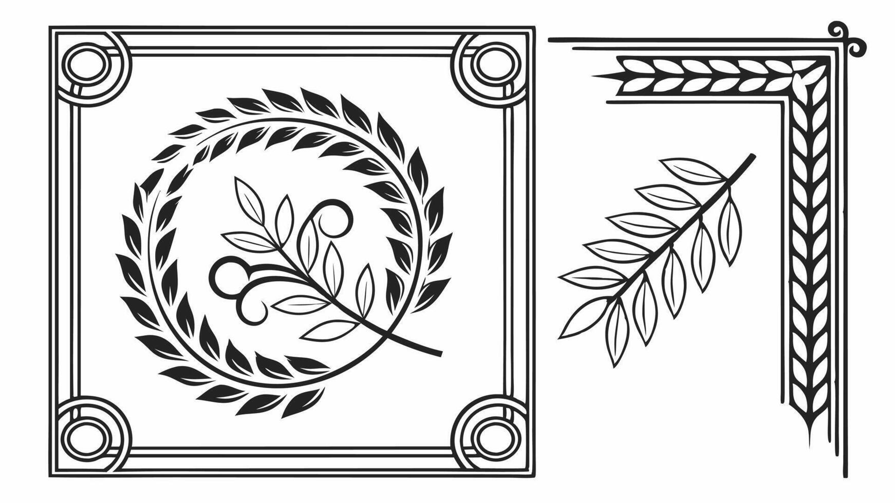 A set of decorative elements, including a frame and a wreath vector