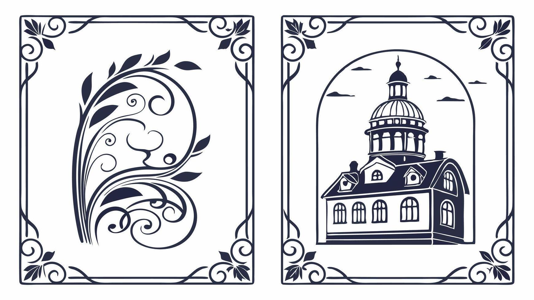 Two different designs for a frame with a church and a tower vector